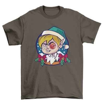 Christmas elf with black eye t-shirt