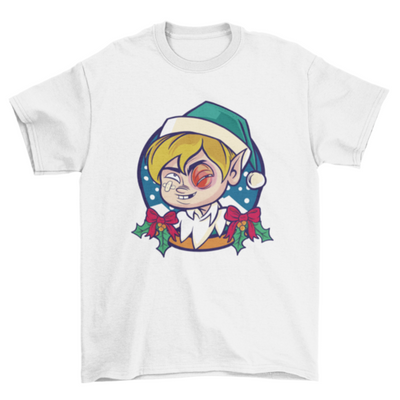 Christmas elf with black eye t-shirt