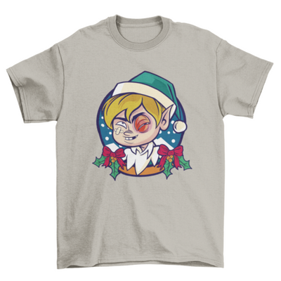 Christmas elf with black eye t-shirt
